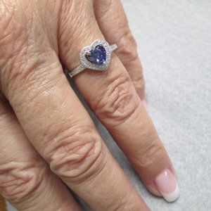 925 Sterling TANZANITE Heart Ring>Halo Simulated Diamonds>Engagement, Birthstone